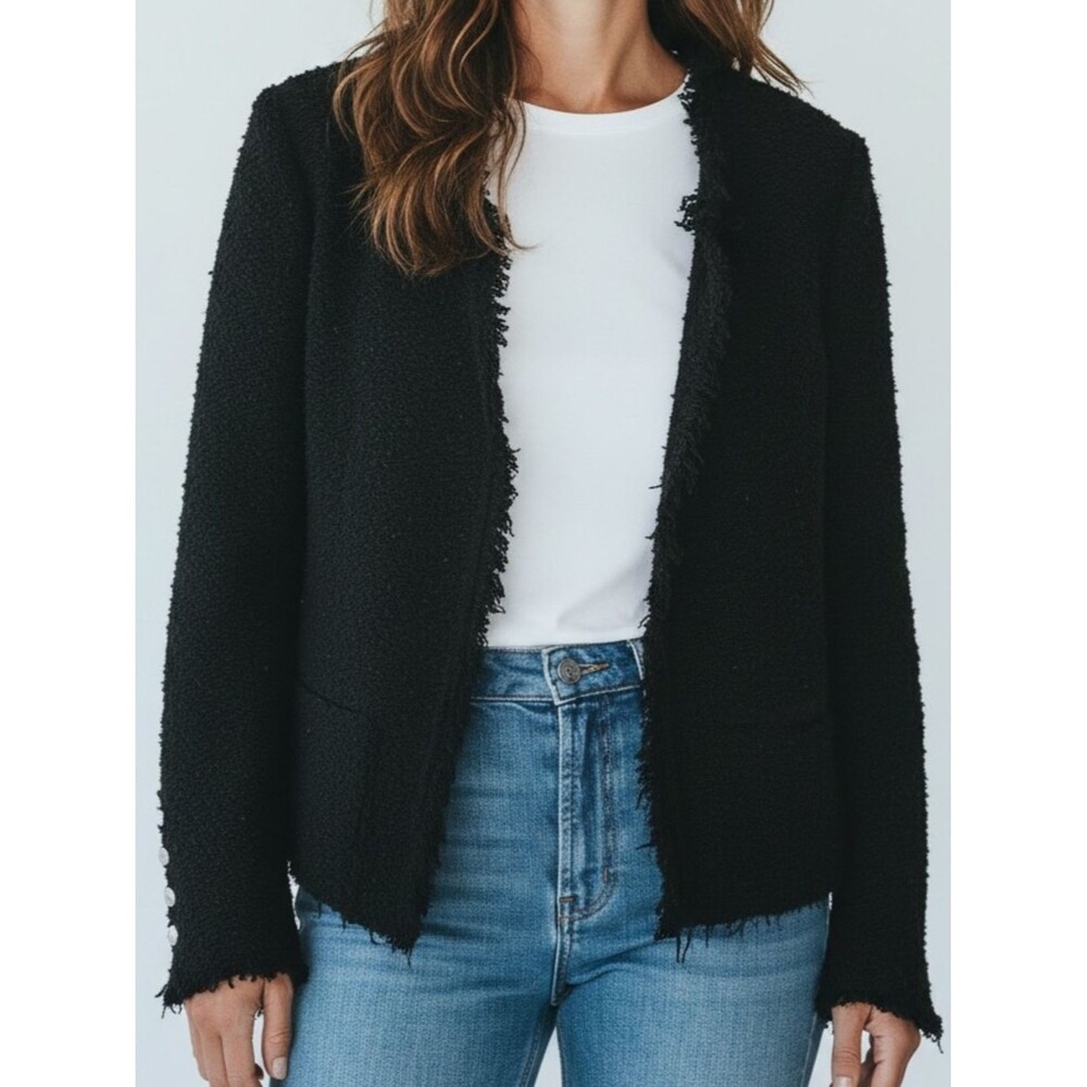 IRO Women's Black Shavani Jacket Textured Cotton Blend Boucle Fabric Frayed